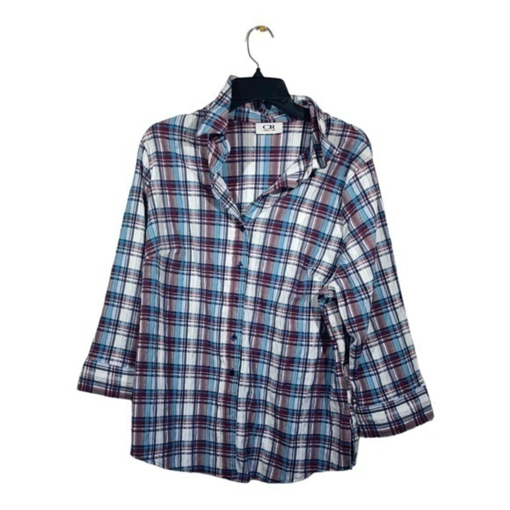 Carroll Reed Womens Plaid Button Down Shirt Blouse 3/4 Sleeve Size Large